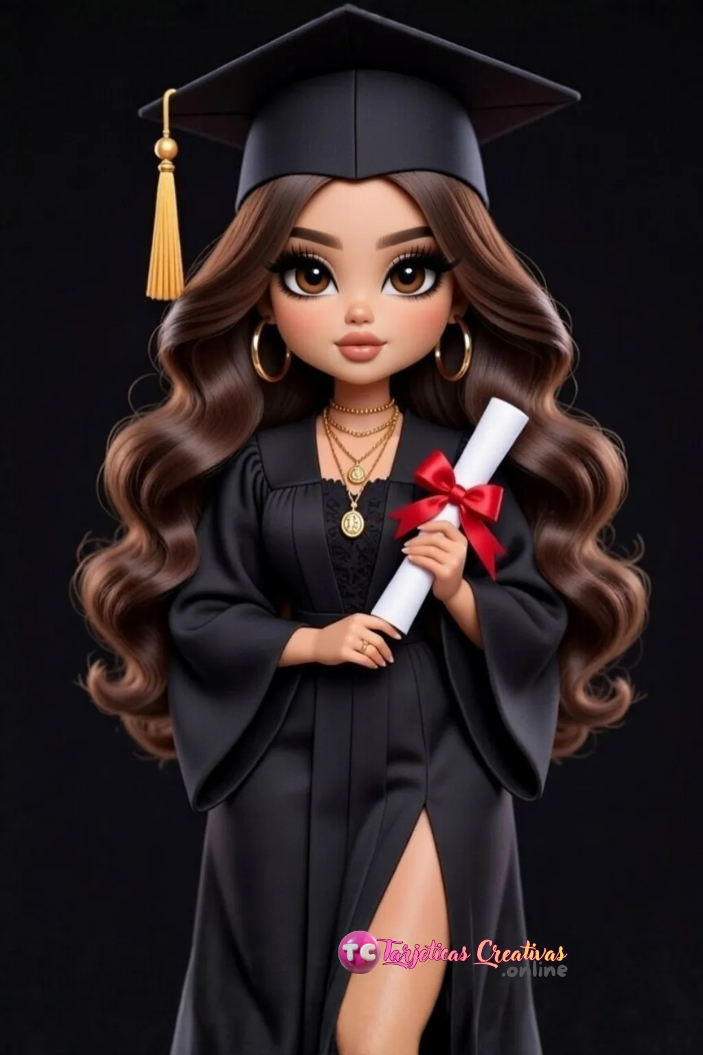 mujer de pelo castaño en graduación parada sexy con toga y birrete